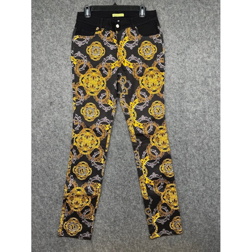Versace Jeans Mens W29 Black Gold Baroque Chain Print Stretch Slim Pants